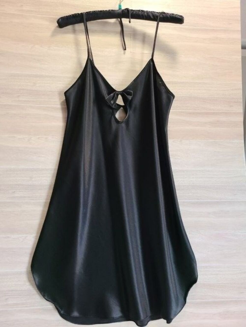 Intimate Moods Black Satin Robe Nightgown Set M Keyhole Slip Lingerie 2 Pc Dress